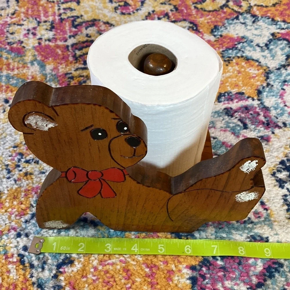 Vintage 1980s Wooden Teddy Bear Toilet Paper Holder